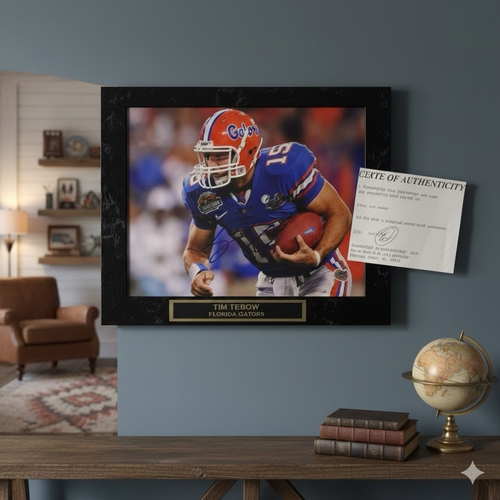 Signed Tim Tebow 8x10 photo in an 13x10 plaque